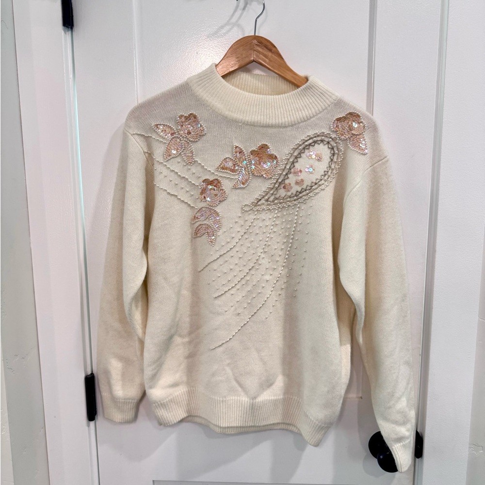Vintage 80s Cream Sweater with Embellished Floral Sequins